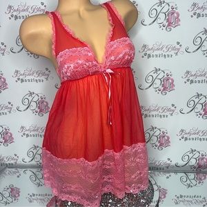 Victoria secret babydoll rhinestone pink bow tie satin silky floral lace dress